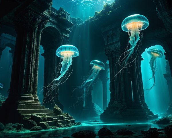 Ancient Underwater Ruins with Ethereal Jellyfish