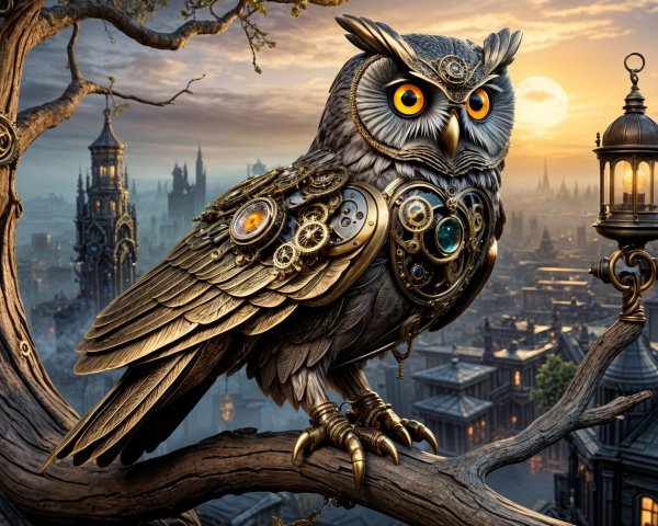 Majestic Owl on Gnarled Branch in Steampunk Cityscape