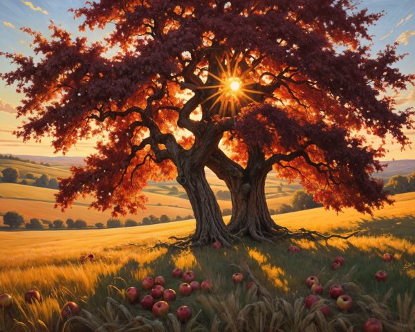 Majestic tree with red leaves at golden sunset