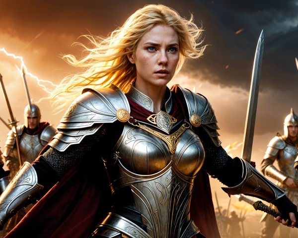 Warrior Woman Leading Armored Knights in Stormy Scene