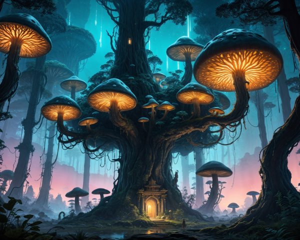 Mystical forest with glowing trees and mushrooms