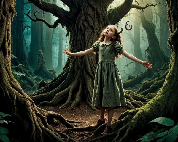 Young girl in a green dress in an enchanting forest