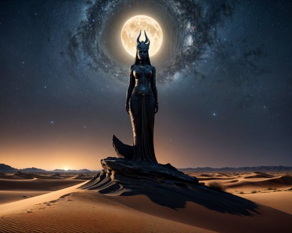 Colossal Goddess Statue in Desert Under Moonlight