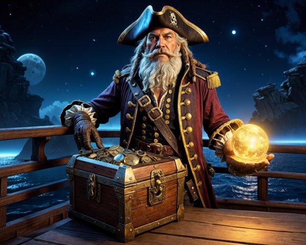 Majestic pirate on ship's deck with treasure and orb