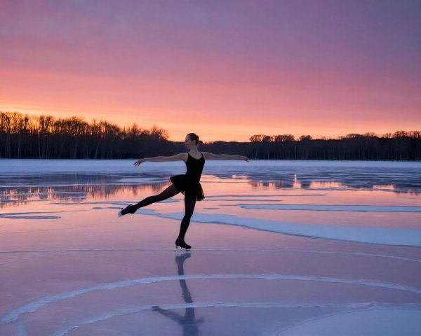 Ice Skater Performing Arabesque on Sunset Lake