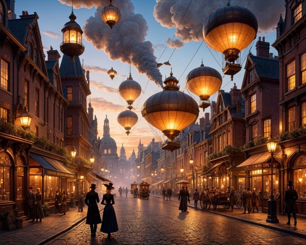 Vintage Steampunk Street Scene with Gas Balloons