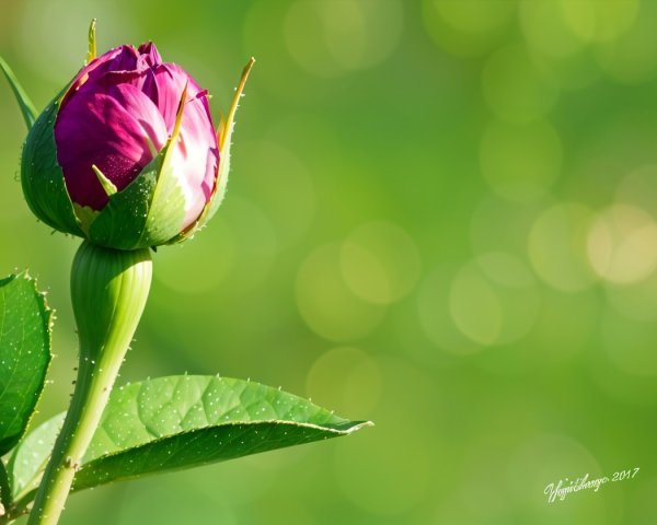 Close-up of a purple rosebud on a green stem