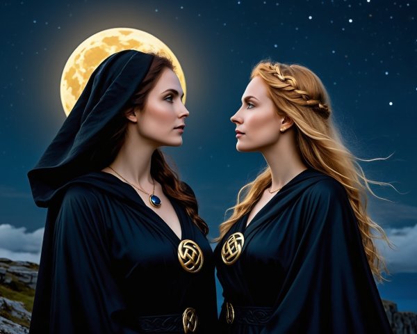 Ethereal Women in Dark Robes Under Full Moon Night Sky