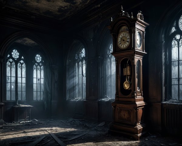Vintage Grandfather Clock in Abandoned Gothic Room