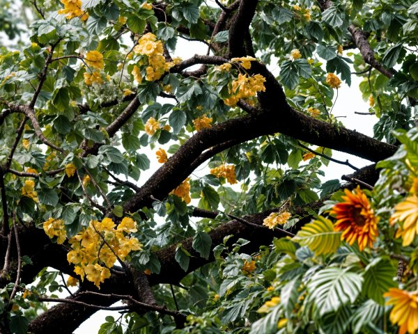 Lush Tree with Vibrant Yellow and Orange Flowers