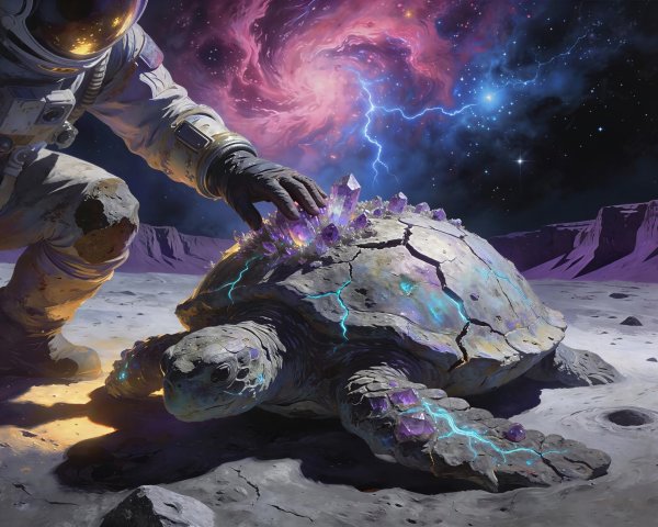 Astronaut and Space Turtle on Alien Planet with Nebula