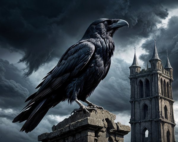 Black Raven on Gothic Tower Under Dramatic Sky