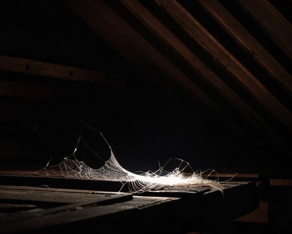 Spider Web in Dimly Lit Attic with Dust Particles