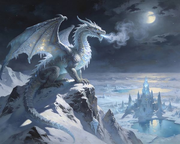 Majestic Ice Dragon on Snowy Mountain Cliff