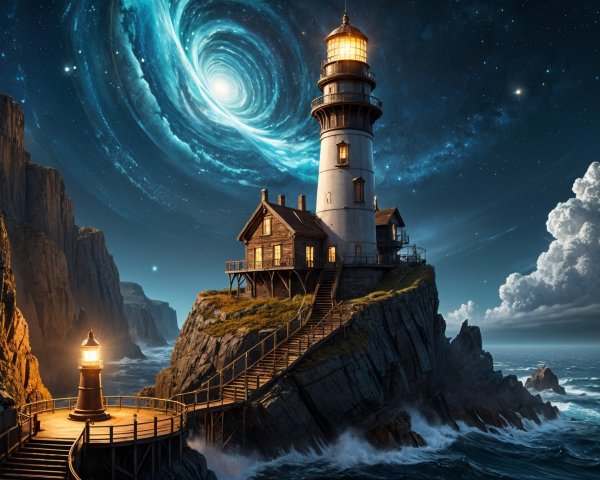 Majestic Lighthouses Against a Cosmic Sky Backdrop
