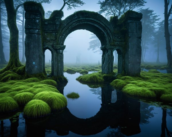 Misty Landscape with Crumbling Stone Archway and Pool