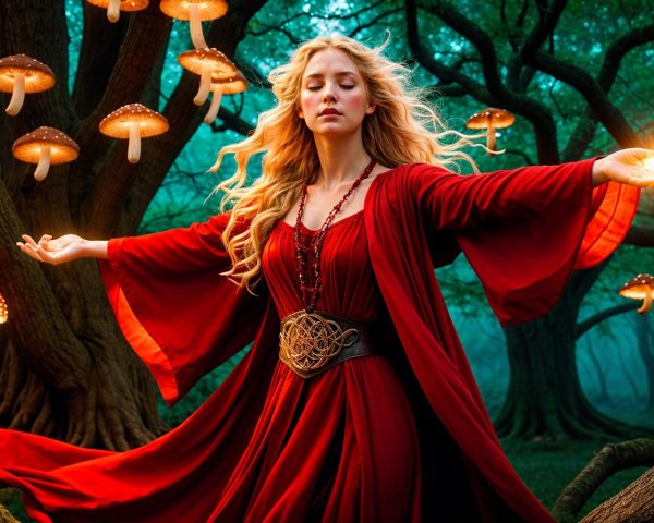 Mystical forest scene with a woman in red gown