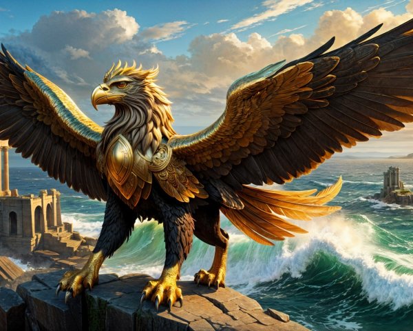 Griffin Overlooking Sea with Ancient Ruins in Background