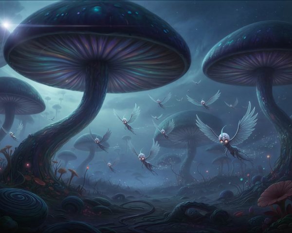 Digital painting of a bioluminescent mushroom forest