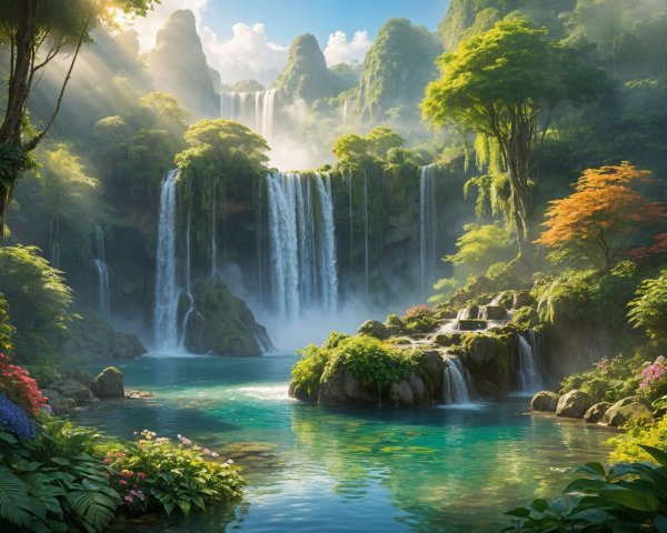 Cascading Waterfalls in a Lush Green Landscape