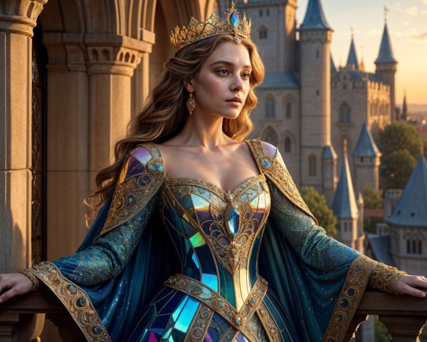 Regal Figure on Balcony in Elegant Gown and Castle