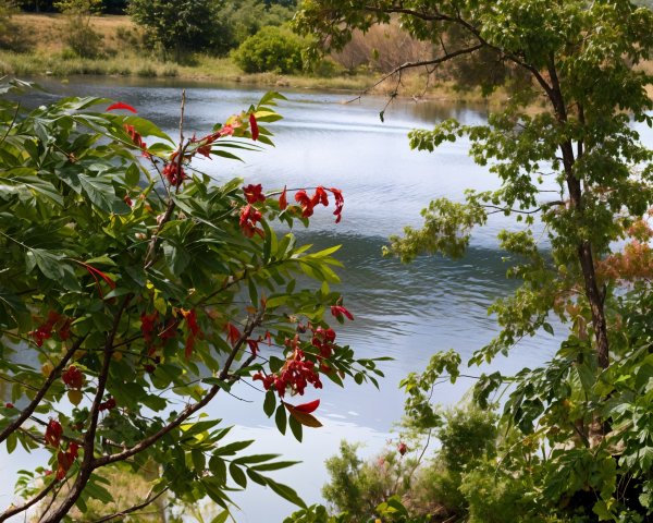 Lakeside Scene with Greenery and Red Flowers