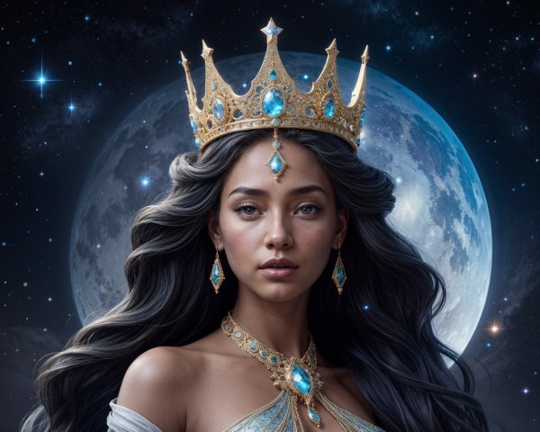 Regal figure with golden crown under starry night sky