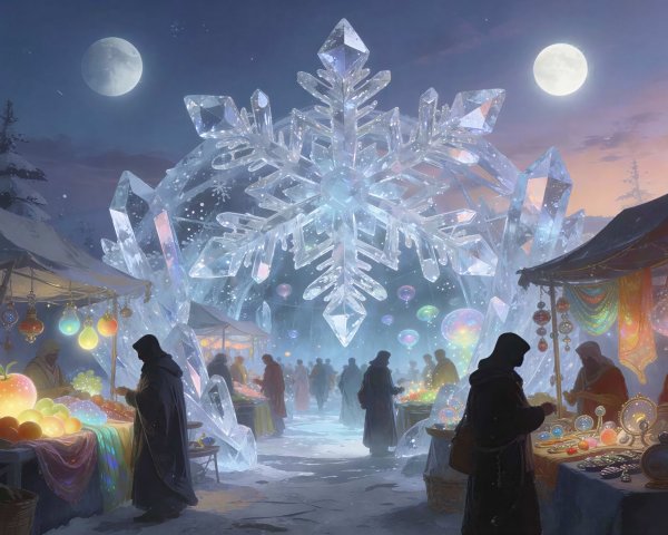 Winter Night Market with Glowing Crystal Snowflake