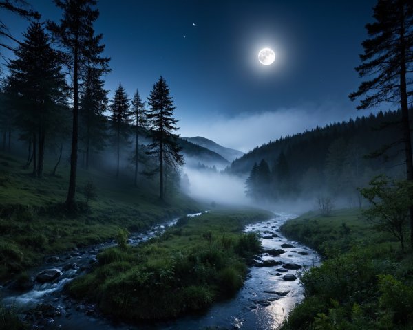 Serene Nighttime Landscape with River and Moonlight