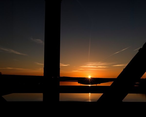 Sunset Over Water Framed by Bridge Silhouettes