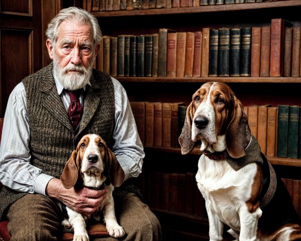 Elderly man with dogs in a cozy library setting