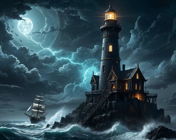 Lighthouse on Rocky Shore Amidst Stormy Sea Scene