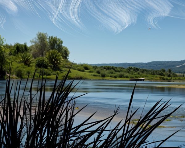Serene landscape with calm lake and lush greenery