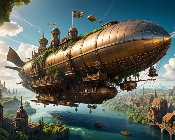 Steampunk Airship Over Scenic Landscape and City