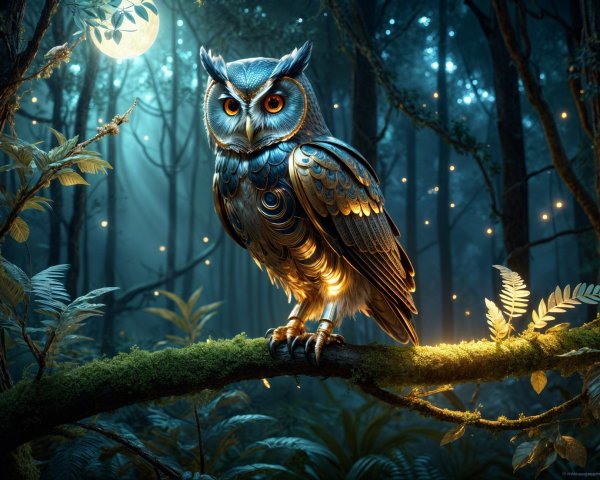 Owl in Moonlit Forest with Ethereal Fireflies