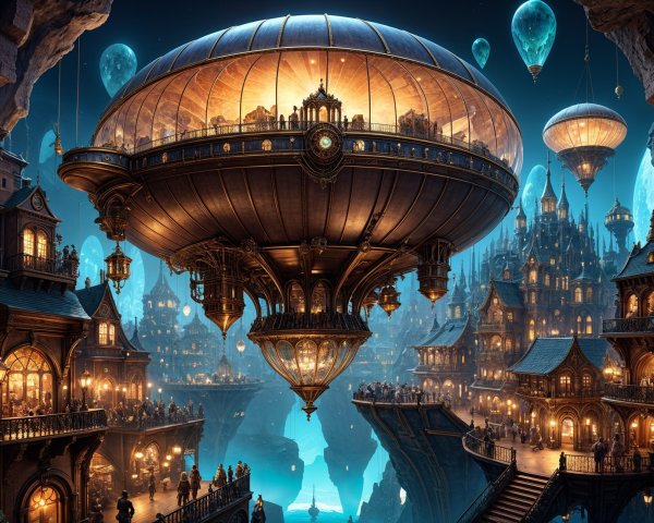 Steampunk City Above Luminous Blue Abyss