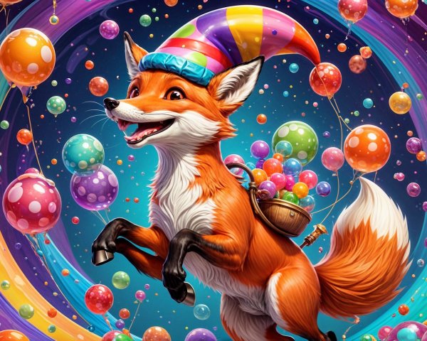 Cheerful fox in party hat with gumball basket