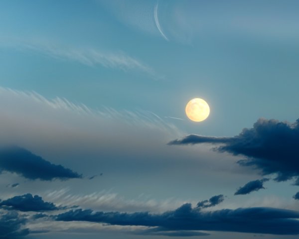 Tranquil Evening Sky with Full Moon and Wispy Clouds