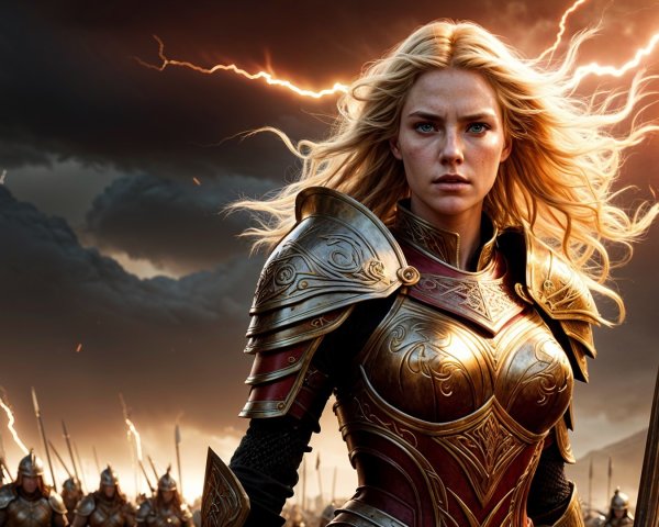 Warrior in Golden Armor Amidst Stormy Battlefield