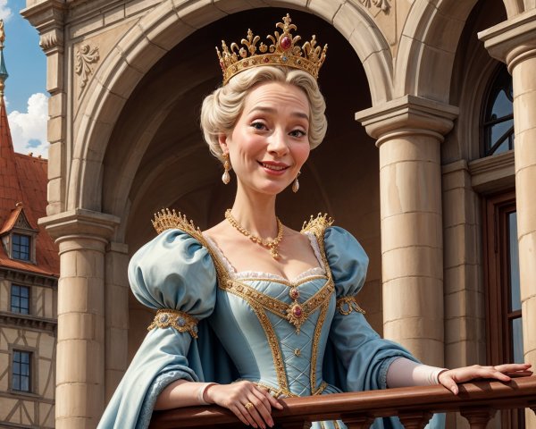 Regal animated queen on castle balcony in blue gown