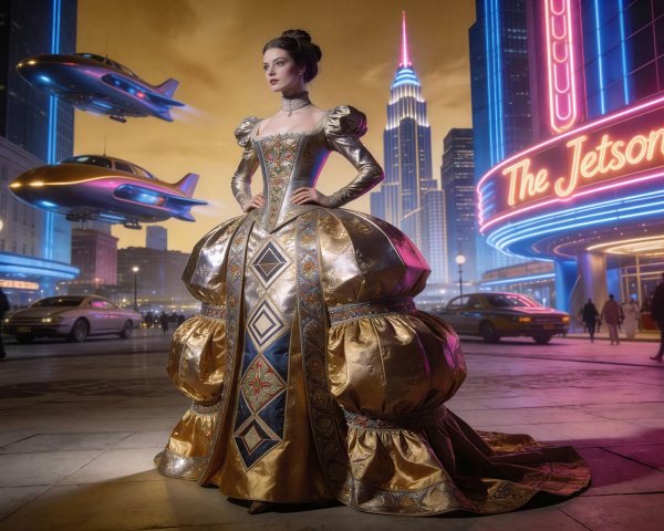 Futuristic Retro Scene with Woman in Gold Gown