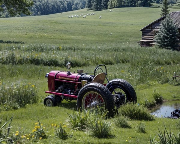 Vintage Red Tractor in Idyllic Countryside Setting