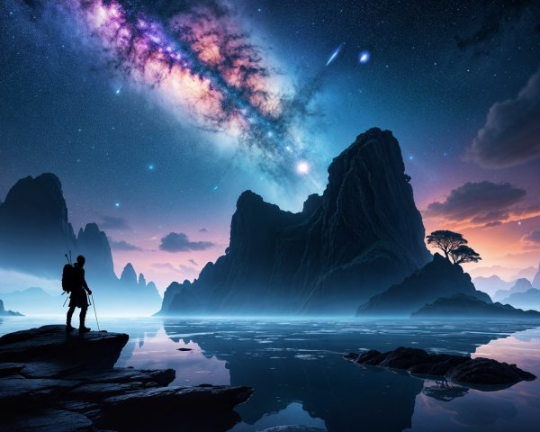 Solitary Figure on Rocky Shore Under Cosmic Sky
