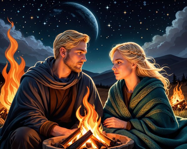 Two figures by a campfire under a starry night