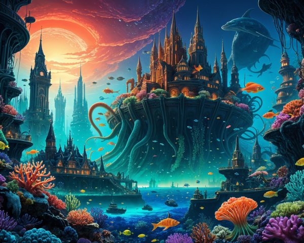 Underwater Scene with Floating Castle and Marine Life