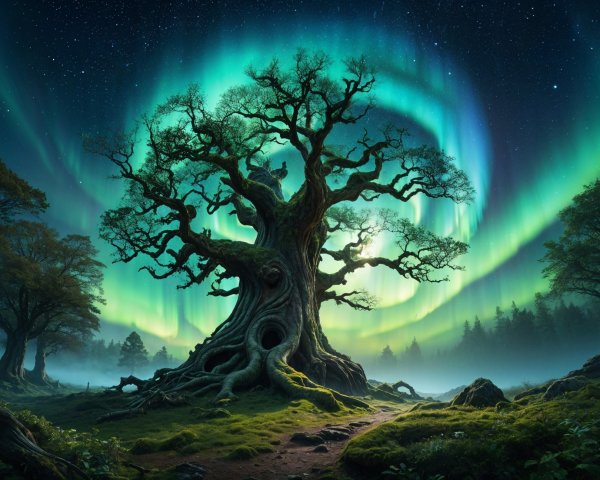 Ancient Tree Under Auroras in Mystical Landscape