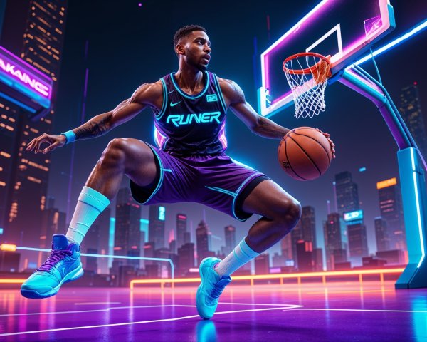 Basketball Player Dunking Against Neon Cityscape
