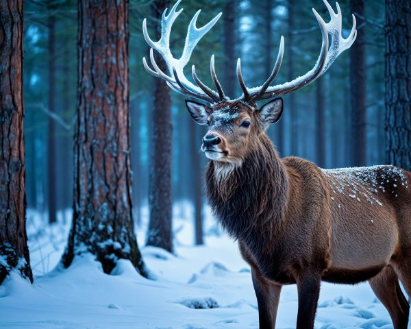 Majestic stag in a serene snowy forest scene