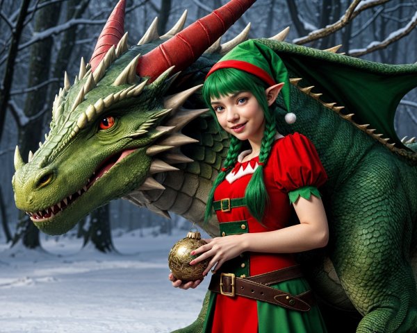 Magical Winter Forest with Girl and Green Dragon