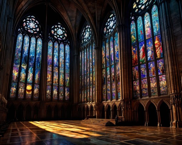 Cathedral Interior with Stained Glass and Stonework